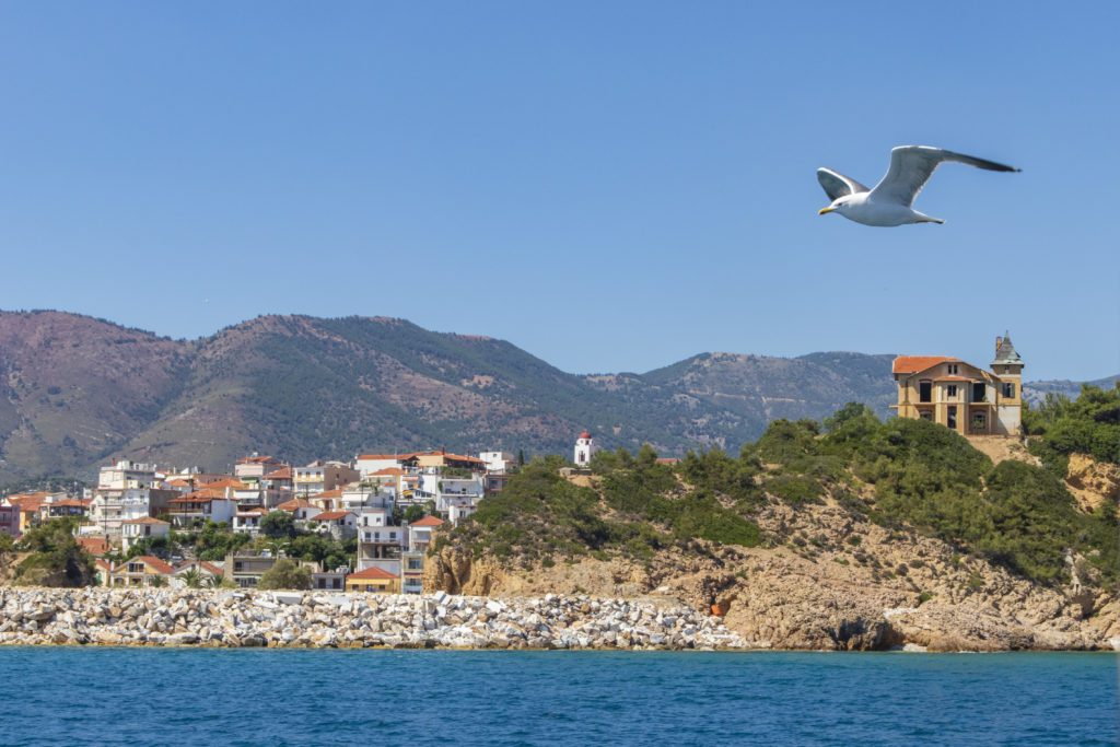 výhled z lodi na město limenaria a budovu palataki na kopci a letici racek ostrov thassos