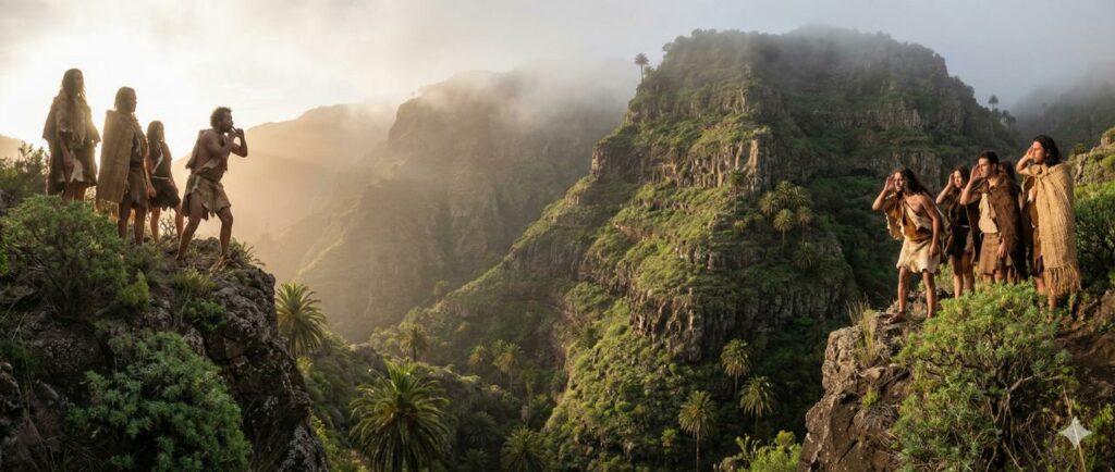 Ilustrace dorozumívání Guančů přes údolí pískaným jazykem Silbo na La Gomeře