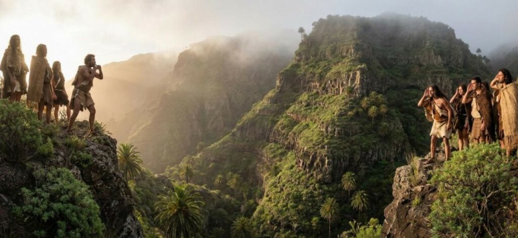 Ilustrace dorozumívání Guančů přes údolí pískaným jazykem Silbo na La Gomeře